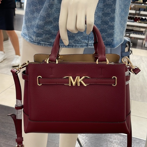Michael Kors Reed Small Dark Cherry Leather Center Zip Belted Satchel Bag Purse - Picture 3 of 16